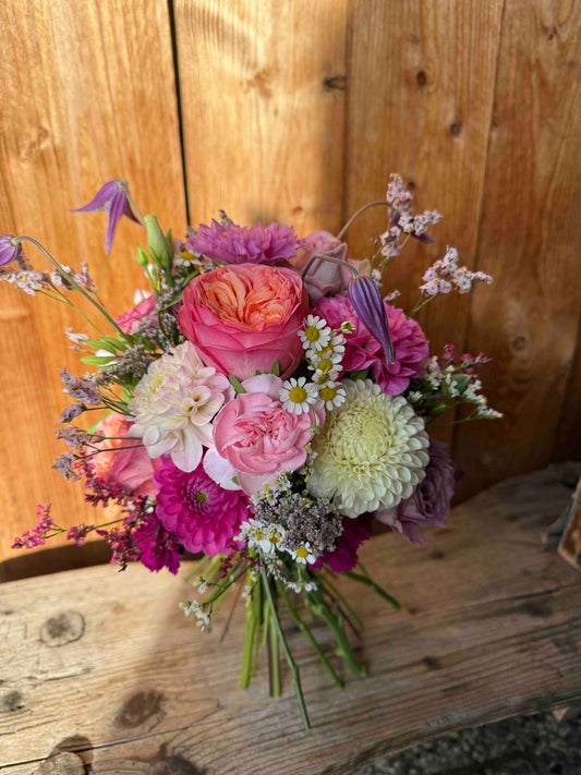 Summer Bridal Bouquet with Dahlias & Roses in Pink and Blush