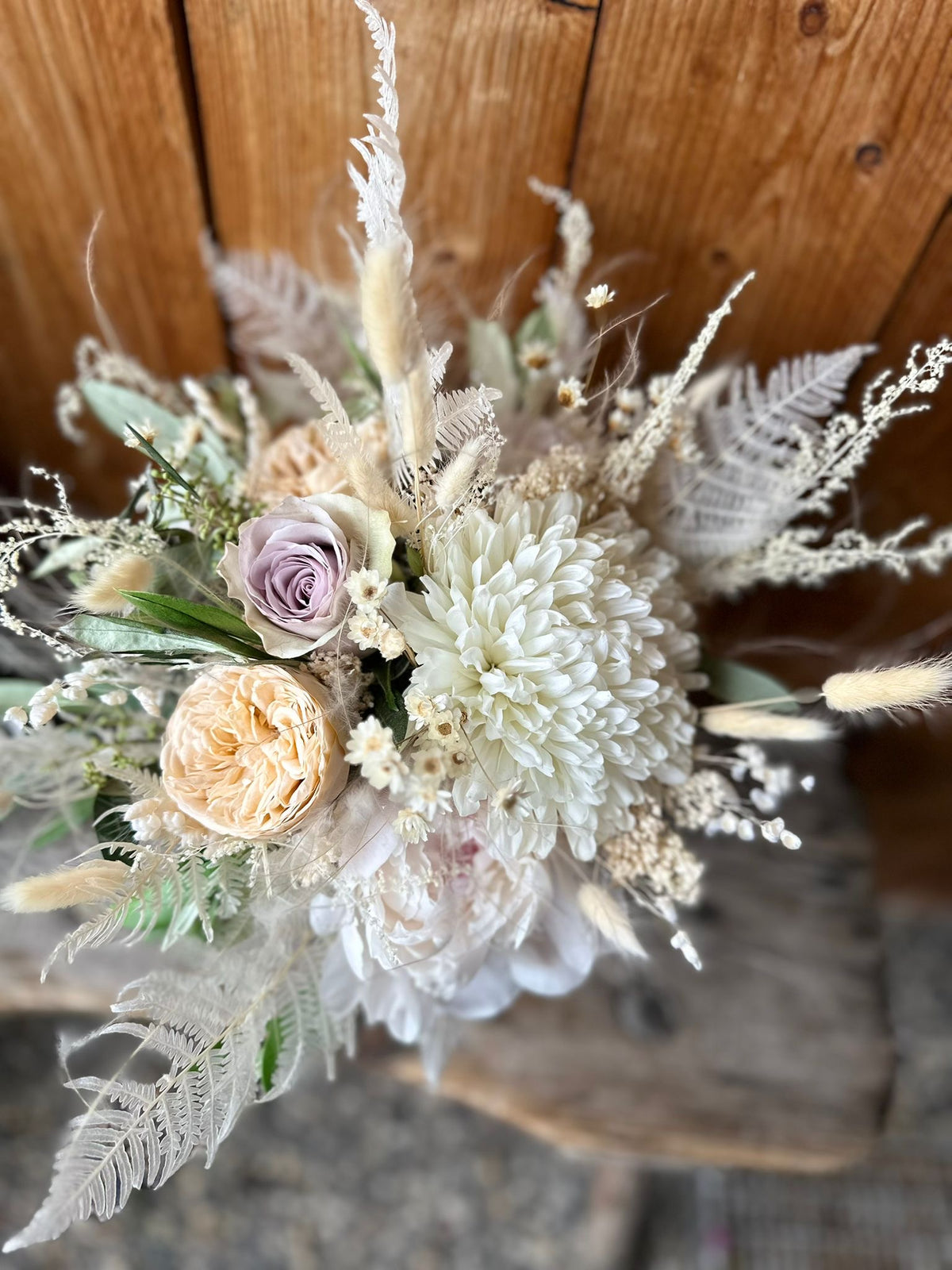Romantic Chic Bridal Bouquet – Dried Flowers & Infinity Roses, Cream and Lilac