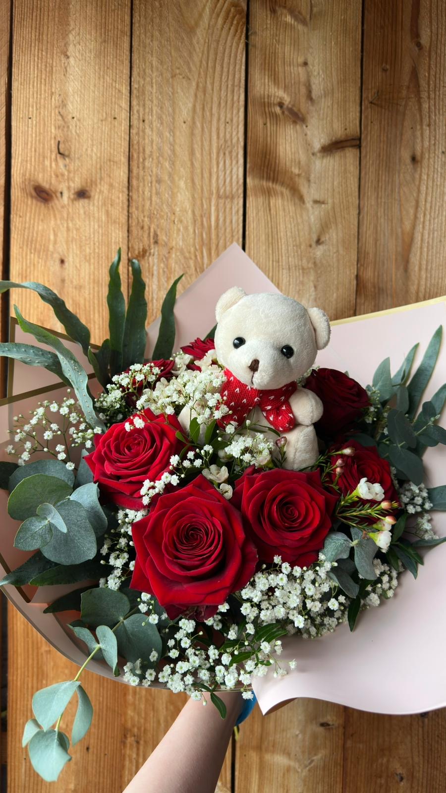 Teddy Bouquet with Roses, Eucalyptus in Pink & Red