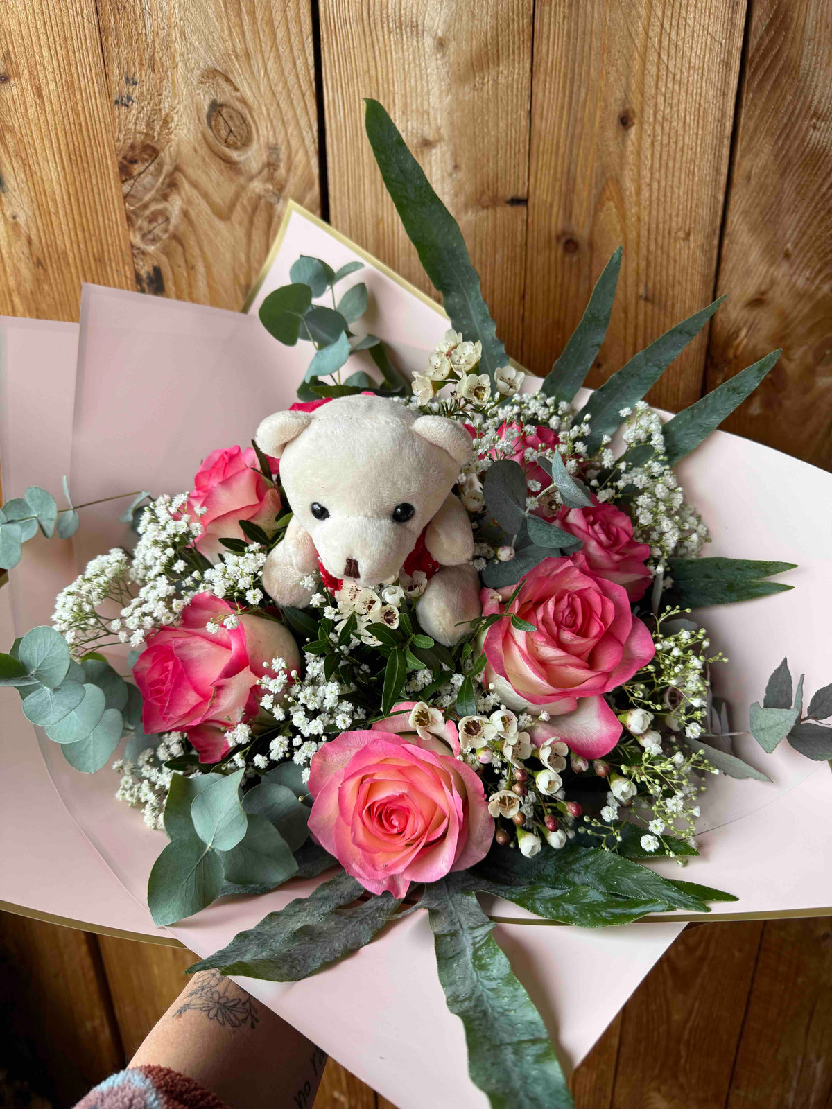 Teddy Bouquet with Roses, Eucalyptus in Pink & Red