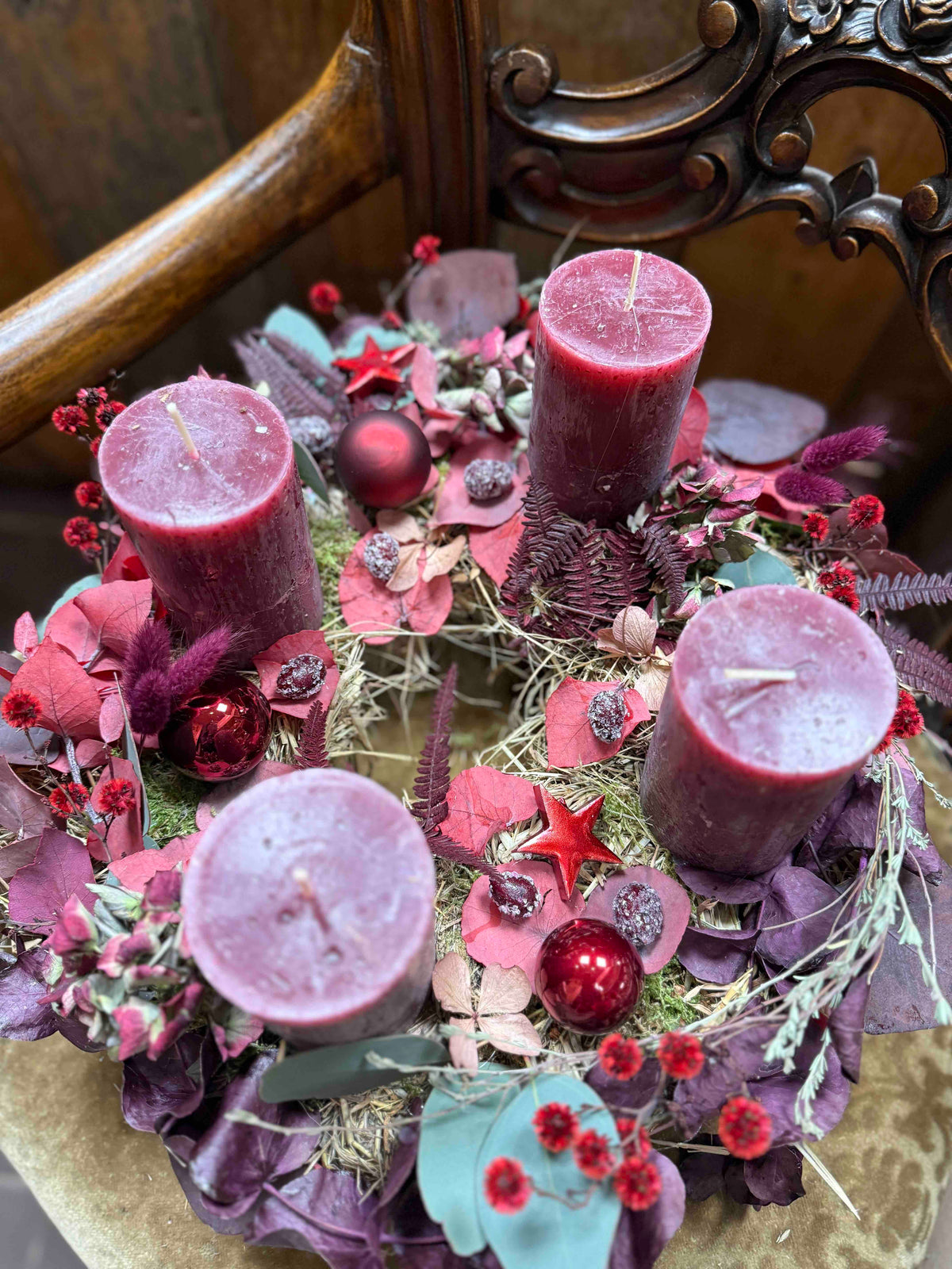 Advent Wreath Berry Velvet – Bordeaux Candles & Dried Flowers