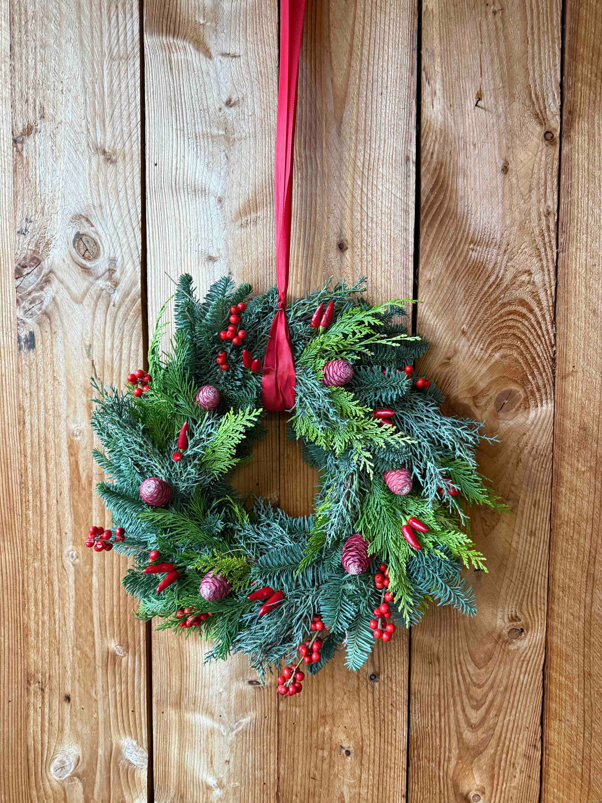 Winter Wreath Classic Red with Conifers, Pinecones & Red Berries