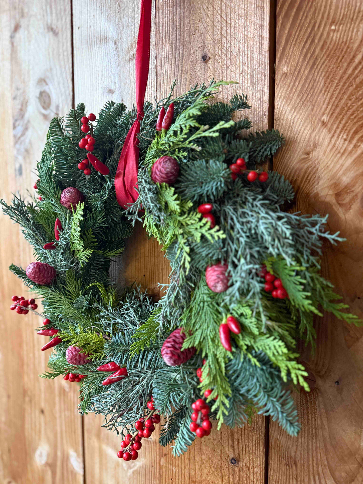 Winter Wreath Classic Red with Conifers, Pinecones & Red Berries