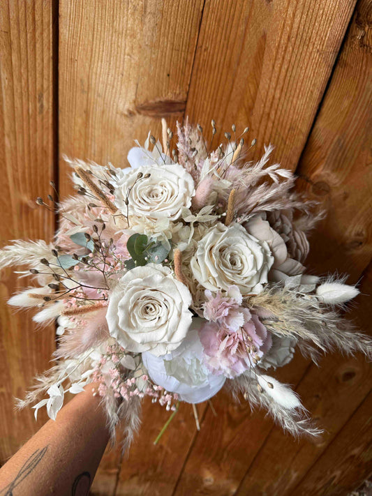 Boho Bridal Bouquet with Dried Flowers & Cream and Blush Roses
