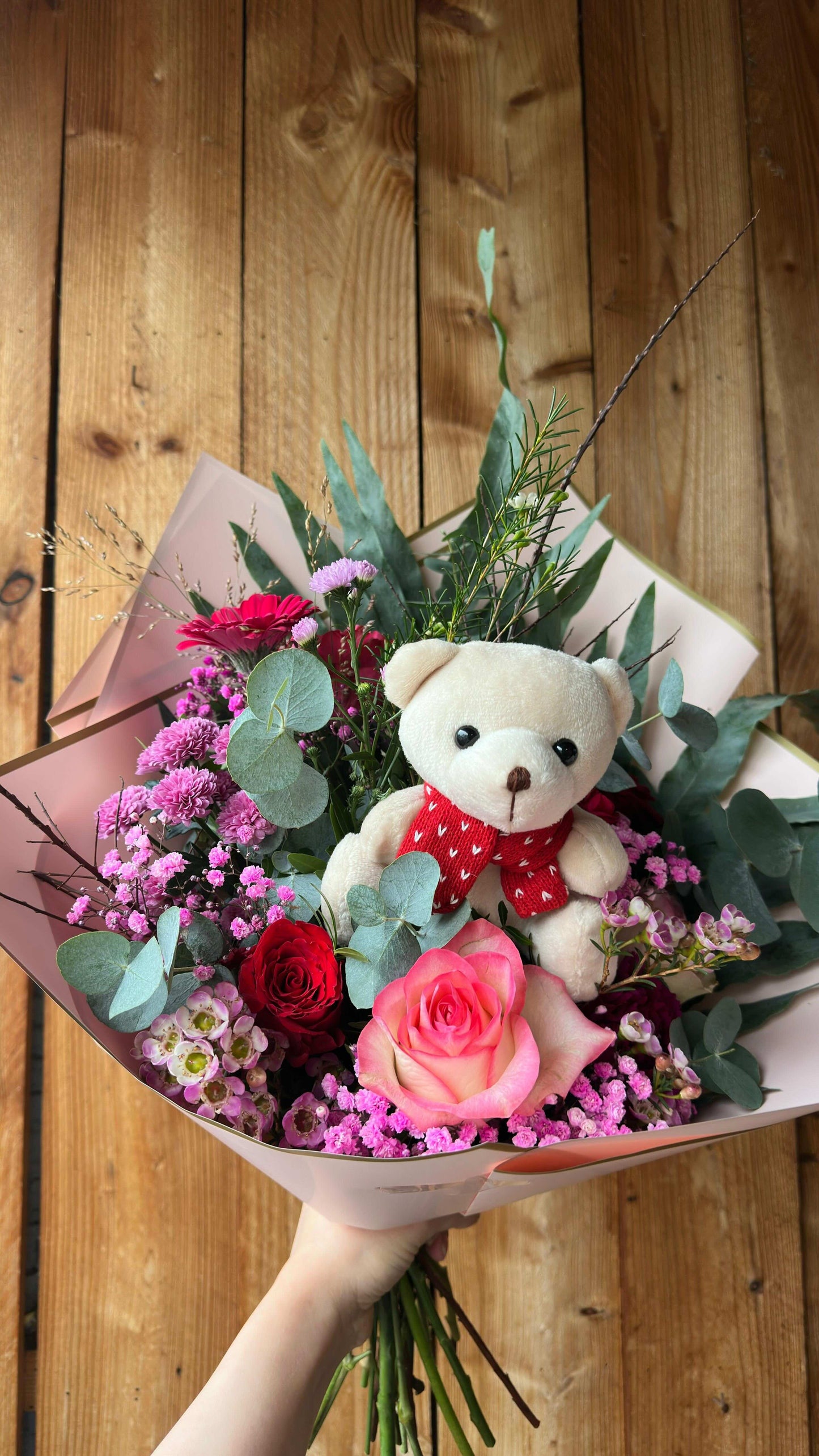 Teddy Bouquet with Roses, Eucalyptus & Teddy, Colorful