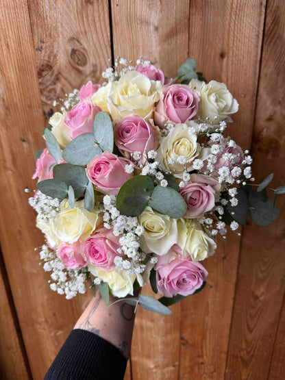 Bouquet with Pink & White Roses and Eucalyptus