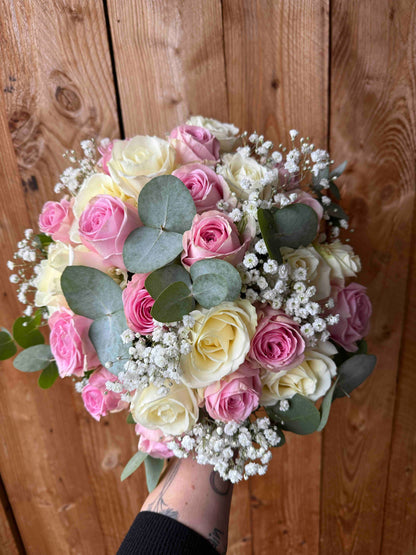 Bouquet with Pink & White Roses and Eucalyptus